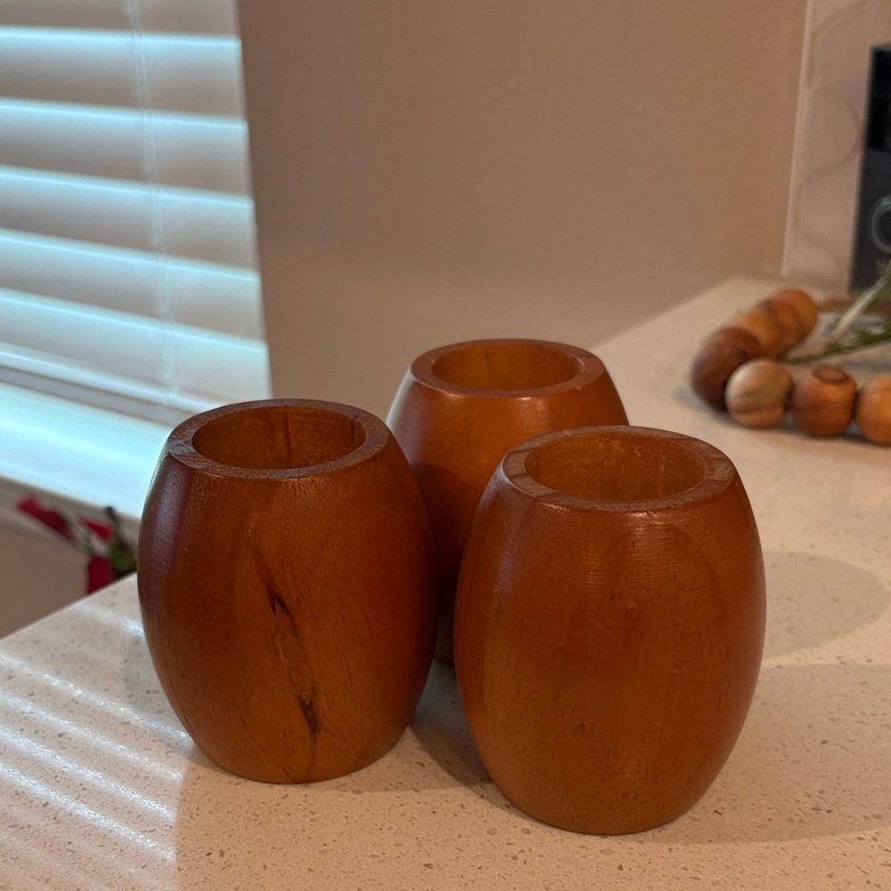 Set of Three Wooden Napkin Rings in Warm Brown